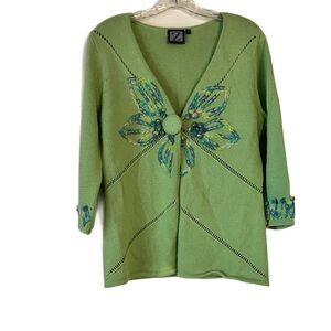 Lime Green Sweater w/ Ribbon Embroidery by “Z”, Sz. M, Lovely Details